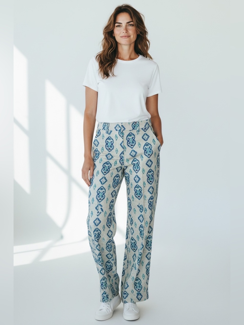 Willi Smith Linen Blend Ikat Print Wide Leg Pants Coastal Boho Resort wear S/M